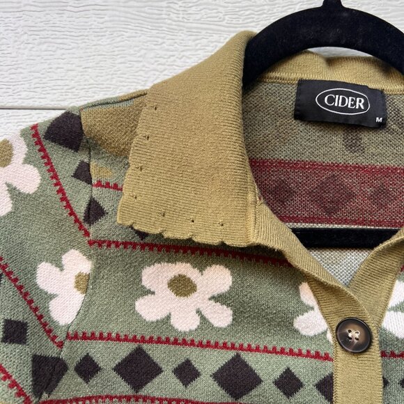 Cider Detail Collar Button Cardigan w Mushrooms Flowers Retro Print - Picture 2 of 5